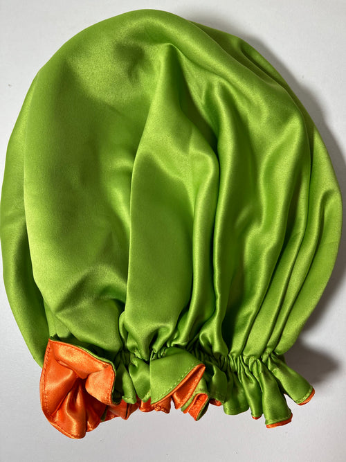 Bonnet en Soie Réversible Orange et Vert
